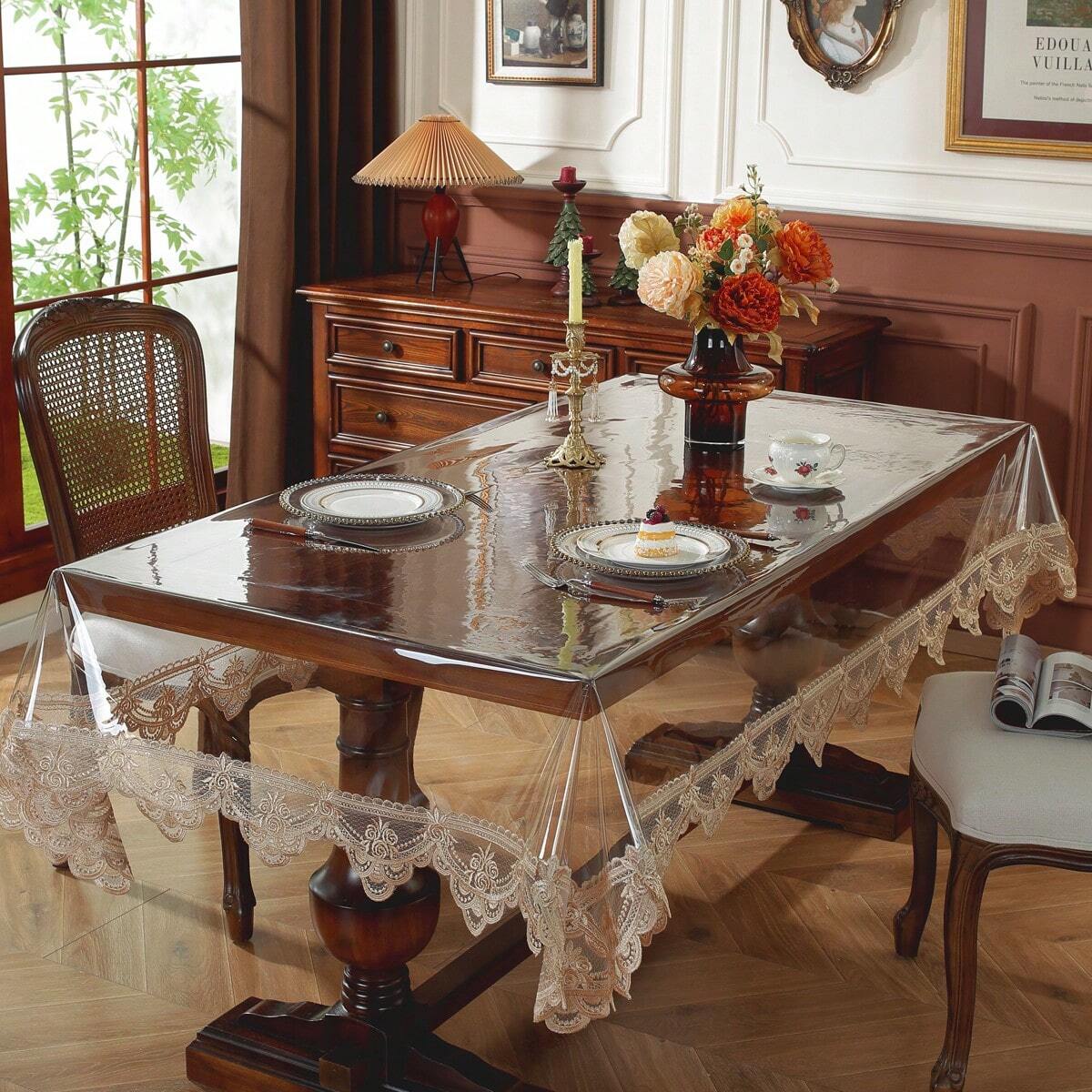 1pc PVC Tablecloth, Waterproof, Oil-Proof, Anti-Slip Lace Edging, Dust-Proof Placemat, Suitable For Kitchen, Dining Room, Party Decoration, Home Decor
