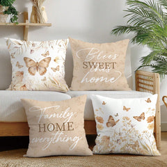 4pcs Simple Daily Khaki Butterfly & Floral "Sweet Home" Throw Pillow Covers, Single-Sided Soft Peach Velvet Fabric, 45*45/50*50/40*40CM Cushion Covers For Indoor Decor, Party, Gift