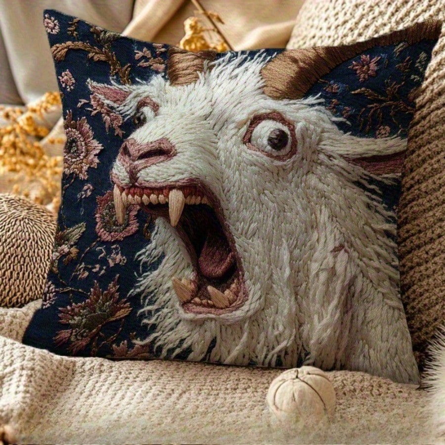 Funny Screaming Goat Pillowcase, 18x18 Inch Pillowcase, Abstract Modern Animal Print With Envelope Closure, Single-Sided Printed, Suitable For Porch, Patio, Farmhouse, Living Room, Sofa, Bed, Car, Room Decor, 2D Flat Printing, No Embroidery